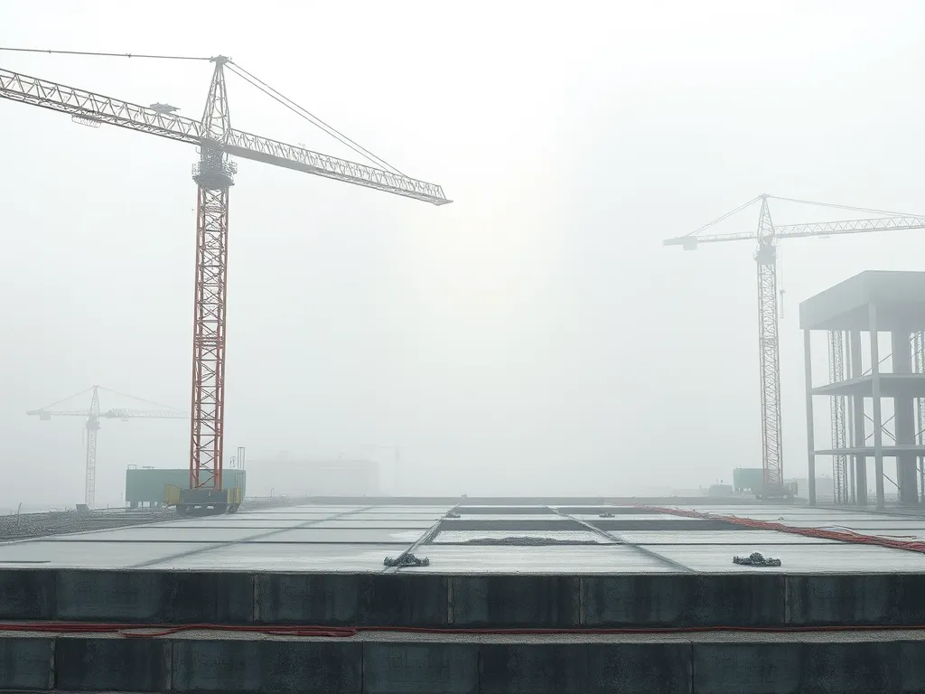 Foggy construction site with cranes, illustrating the challenges of paving asphalt during poor weather conditions.