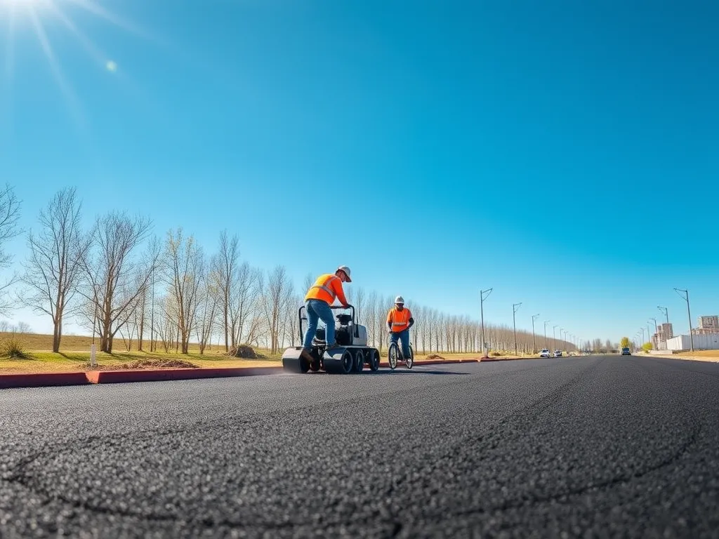 Workers paving asphalt on a sunny day, ideal conditions for asphalt installation.