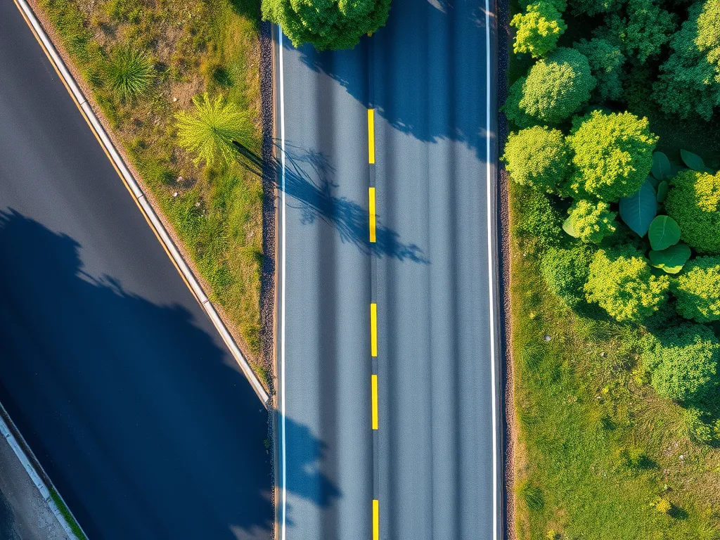 Aerial view of a road showcasing bio-based asphalt systems surrounded by greenery, highlighting eco-friendly paving solutions.