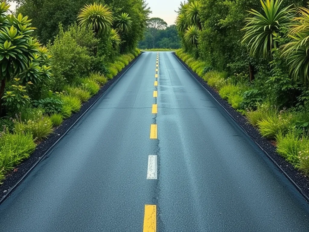 A serene road surrounded by greenery showcasing the benefits of bio-based asphalt systems.