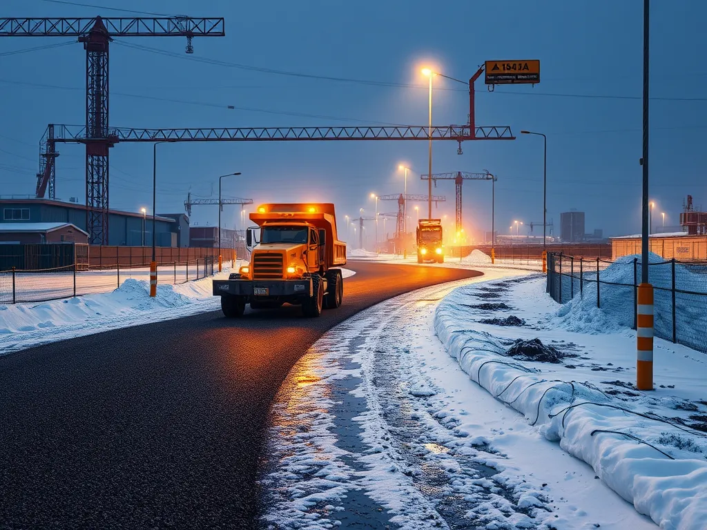 Construction vehicles working on bioasphalt road at dusk