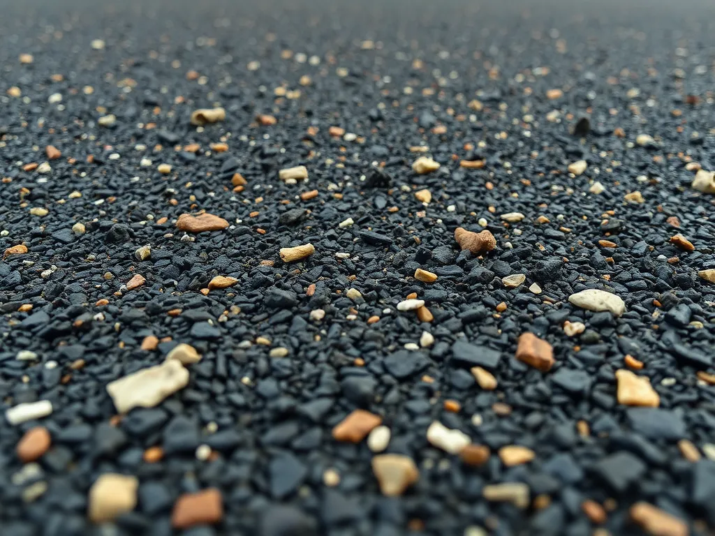 Close-up view of bioasphalt surface with various aggregates, showcasing its composition and applications.