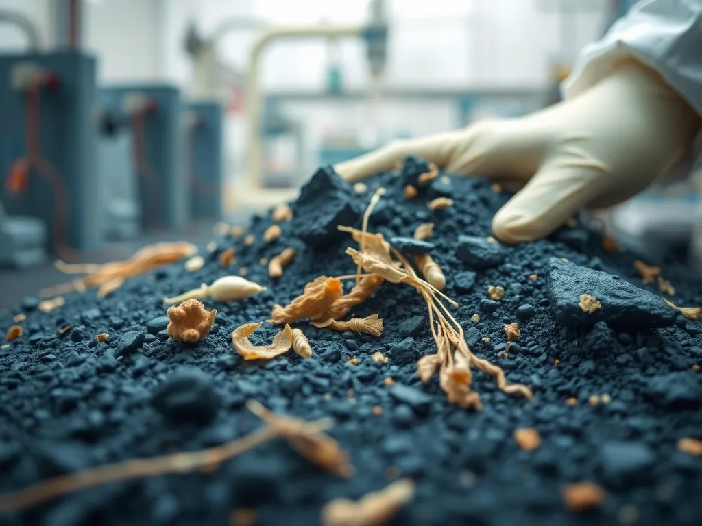Hand examining bioasphalt materials with organic additives in a lab setting, highlighting sustainable applications.