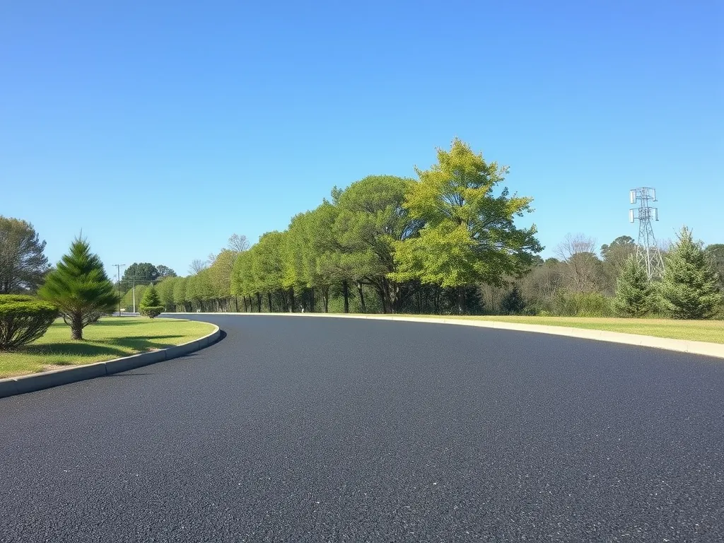 A smooth, eco-friendly bioasphalt road surrounded by greenery.