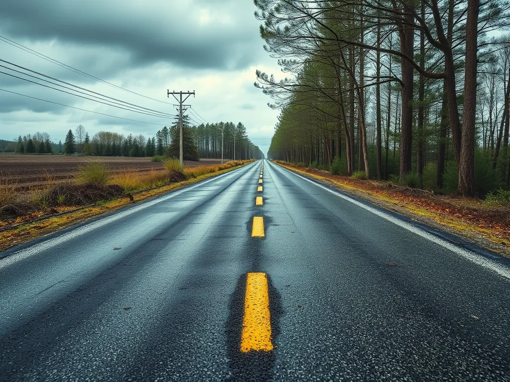 Image of a smooth road showcasing bioasphalt as a sustainable paving material, surrounded by trees.