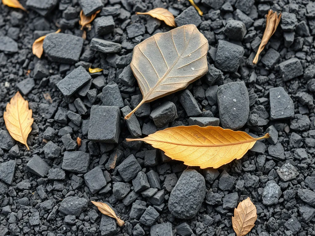 Close-up of biodegradable materials like leaves mixed with asphalt for sustainable road construction