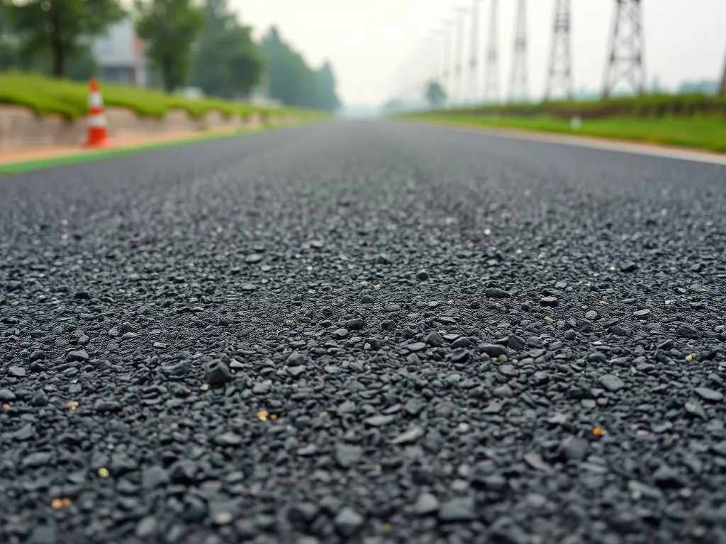 Close-up of asphalt pavement showcasing biodegradable materials mixed in for sustainability