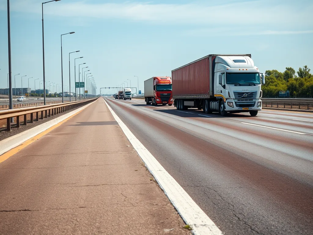 Highway with trucks running on asphalt mix incorporating biodegradable materials
