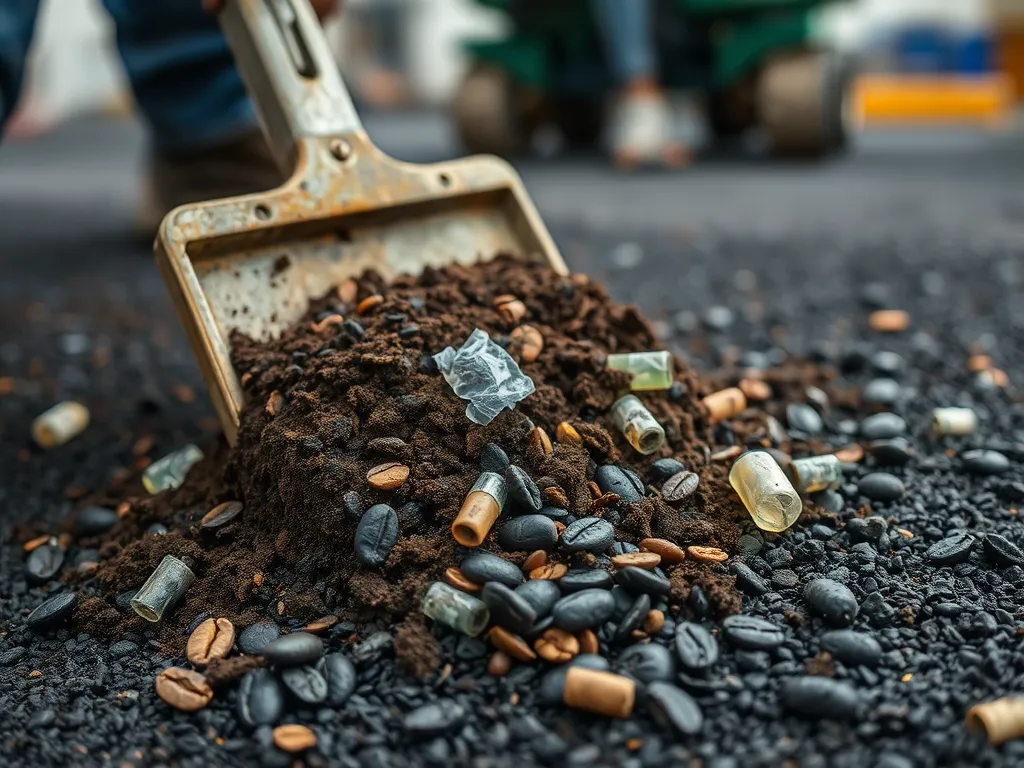 A close-up of biodegradable materials including coffee grounds and biodegradable plastics used in asphalt mixes