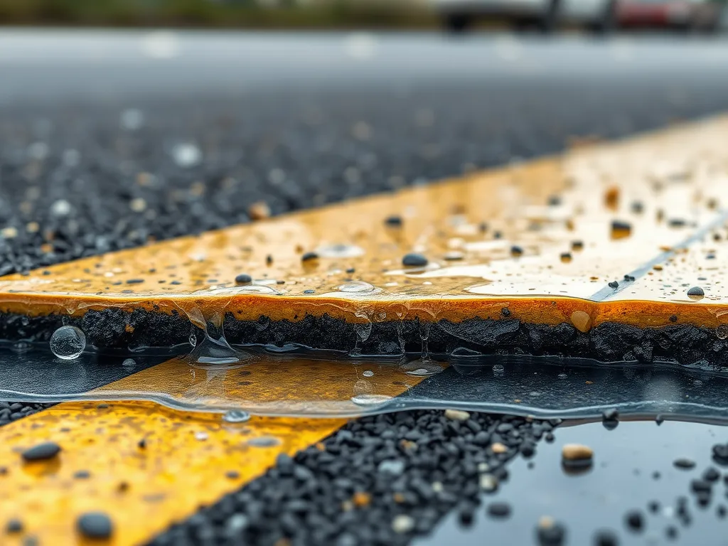 Close-up of bitumen showing adhesion mechanisms with water droplets on a textured surface.