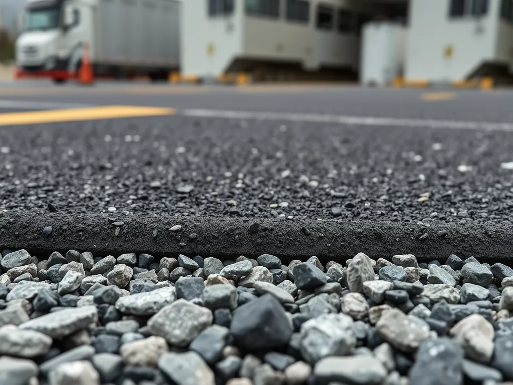 Close-up of bitumen layer adhering to aggregates, illustrating bitumen adhesion mechanisms.