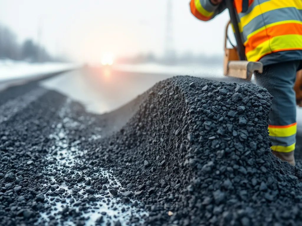 Construction worker applying bitumen for asphalt pavement design