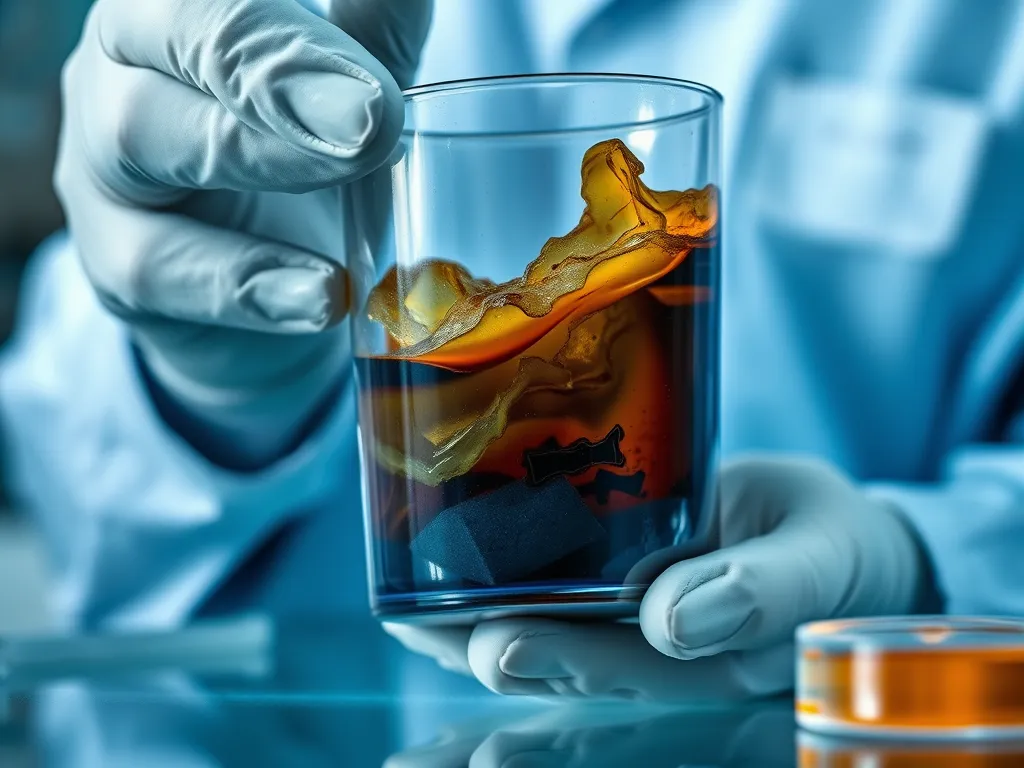 Scientist demonstrating the bitumen blending process in a laboratory setting.