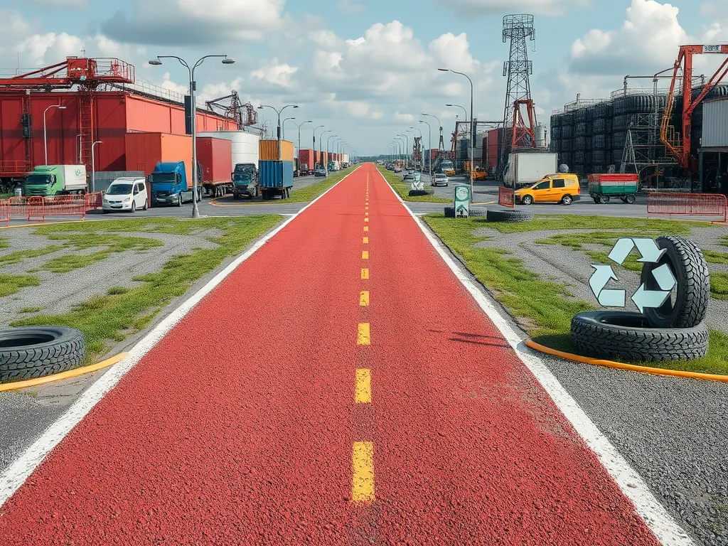 An industrial area showcasing bitumen blending operations with vehicles and recycling elements.