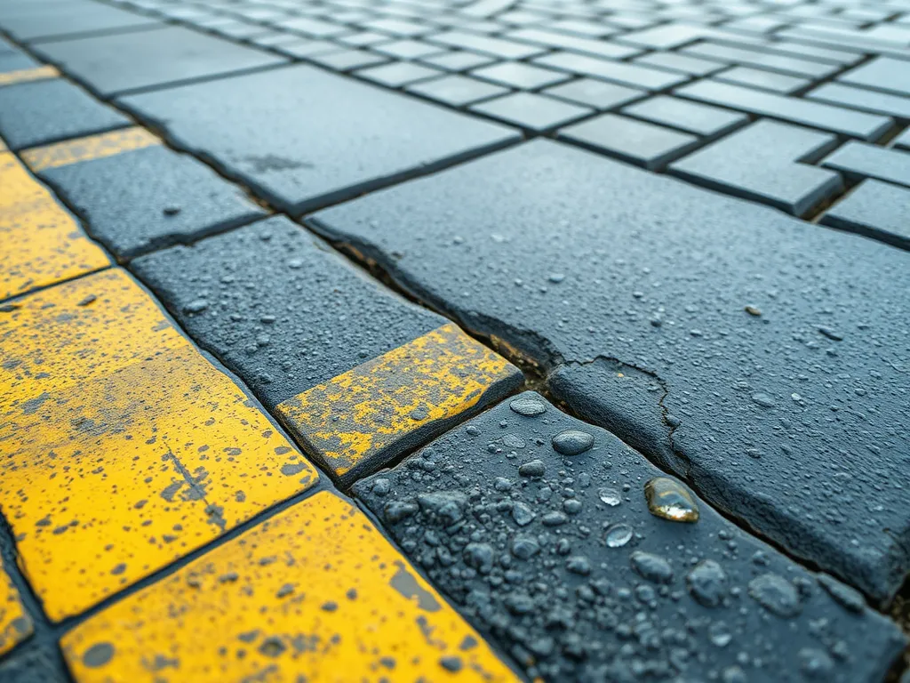 Close-up view of bitumen pavement showcasing water droplets and cohesion characteristics