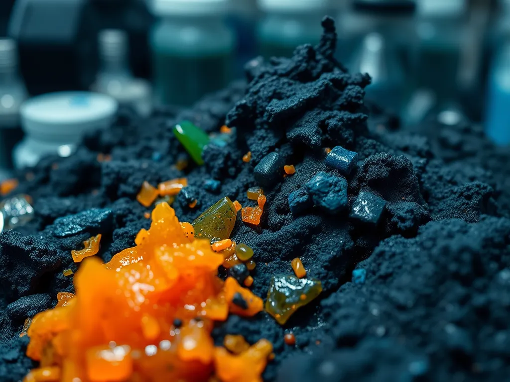 A close-up of materials used in bitumen compatibility analysis, showcasing vibrant colors against dark textures.