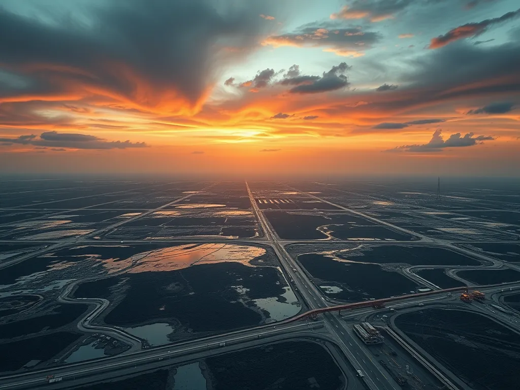 Aerial view of oil fields, showcasing bitumen feedstock extraction processes in sunset.