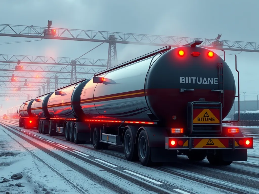 Trucks transporting bitumen feedstock under industrial lighting