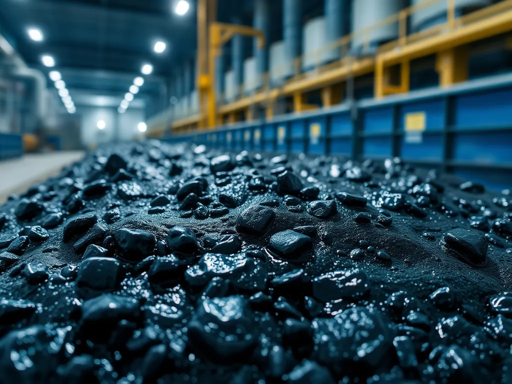 Close-up of raw bitumen feedstock in an industrial setting.