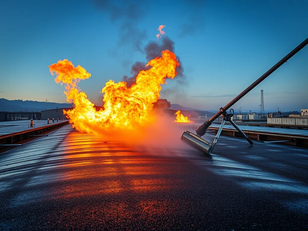 Flame and smoke erupting from a bitumen surface during application process.