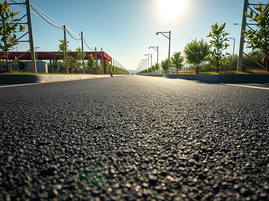 A close-up view of a newly paved road highlighting bitumen fractions used in asphalt.