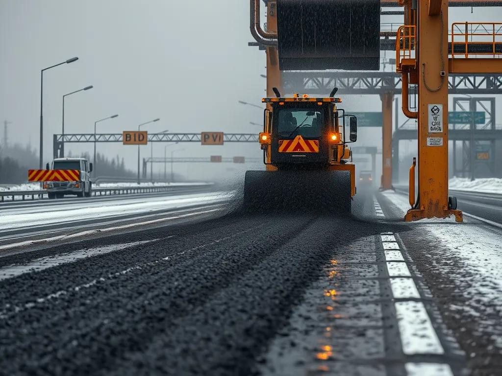 A construction vehicle applying bitumen on a highway surface during construction.