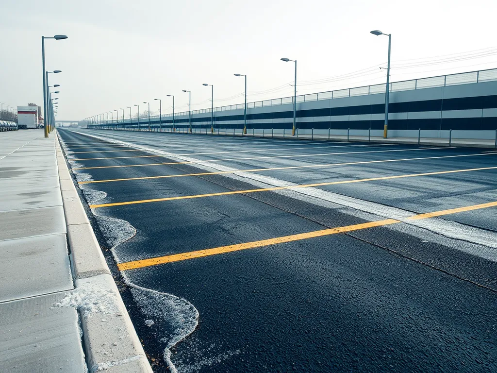 A spacious, freshly paved bitumen parking lot illustrating urban planning concepts.