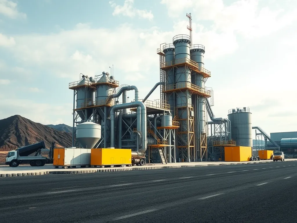 A modern bitumen plant used in highway construction showcasing machinery and quality production.