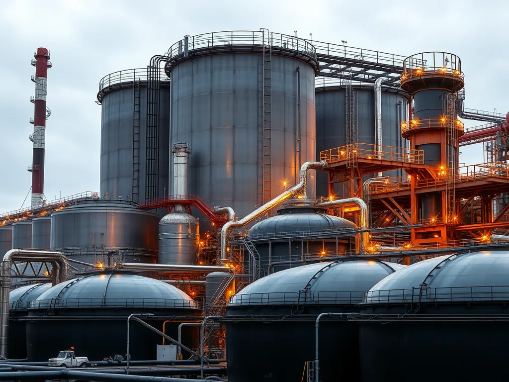 Industrial facility for bitumen production with large storage tanks and processing units