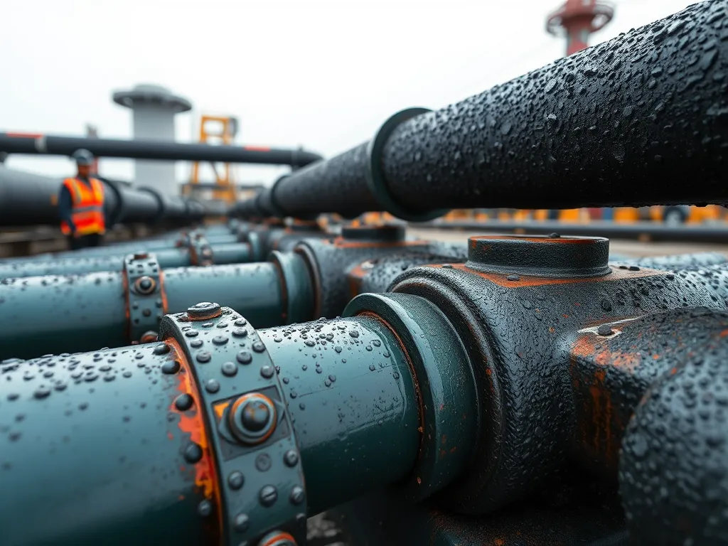 Close-up of pipes and valves for bitumen production