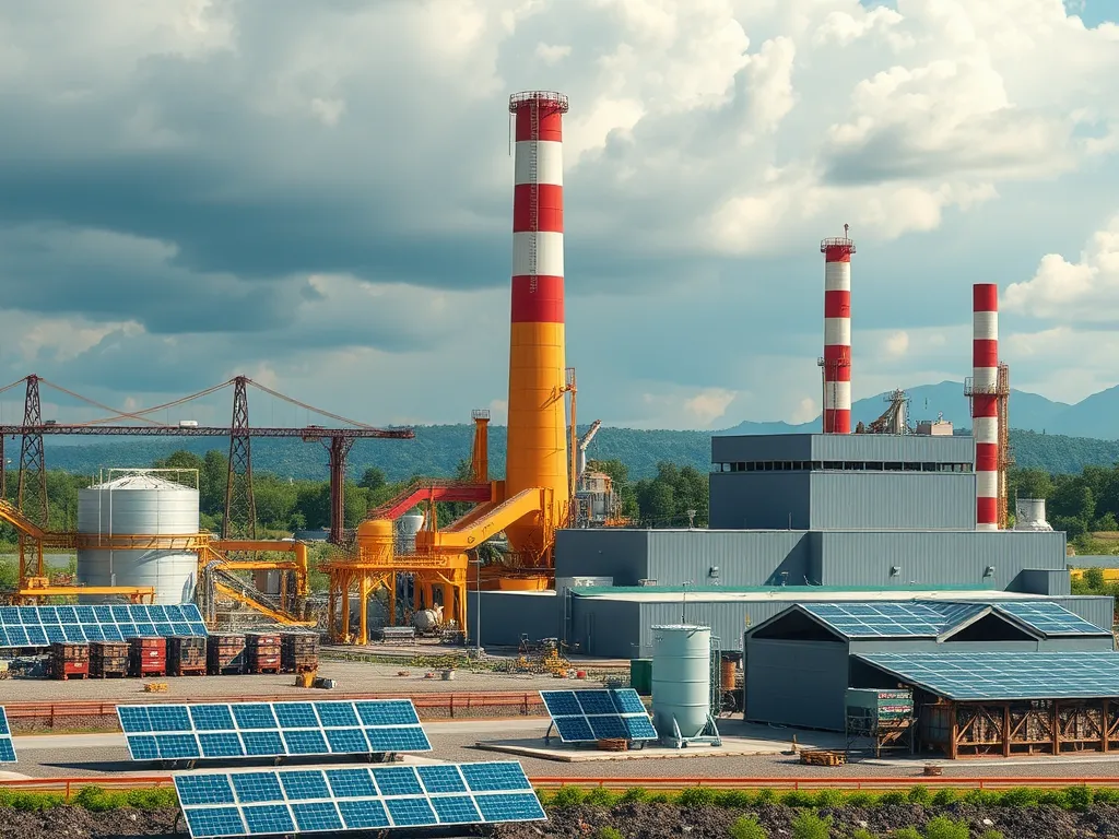 A modern bitumen production plant with smokestacks and solar panels.