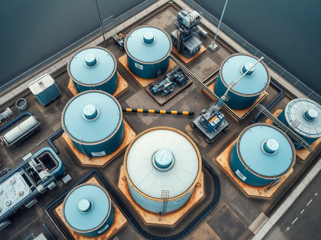 Aerial view of large storage tanks used in bitumen production.