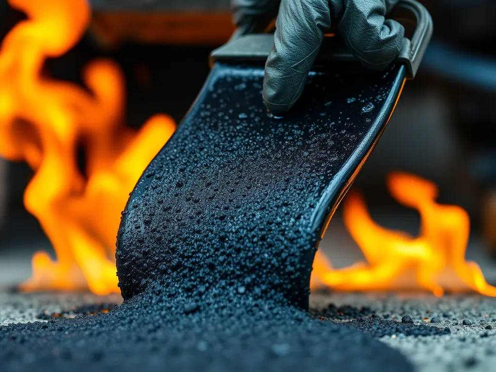 Hand holding hot bitumen demonstrating temperature resistance in asphalt applications