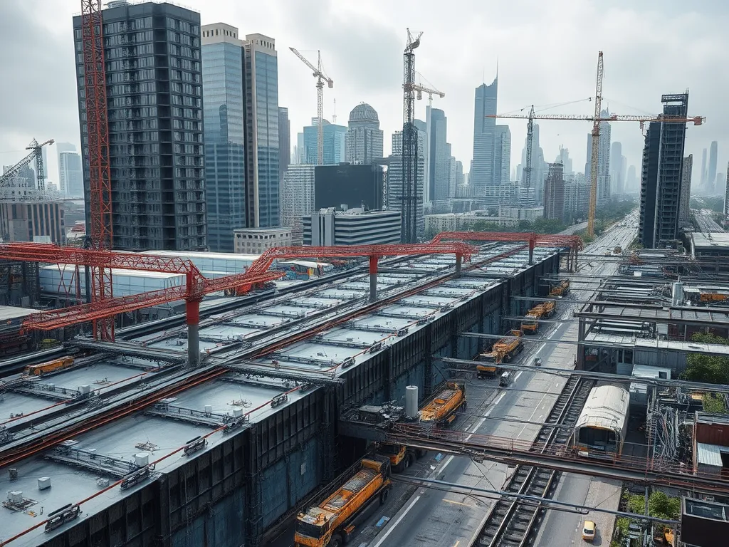 Aerial view of construction site showcasing urban planning with extensive use of bitumen in infrastructure.