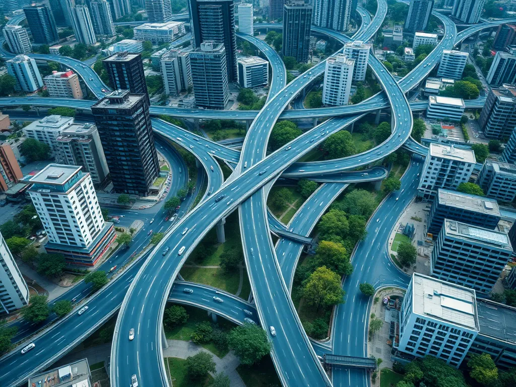 Aerial view of interconnected roads and bitumen surfaces in an urban setting, highlighting urban planning.