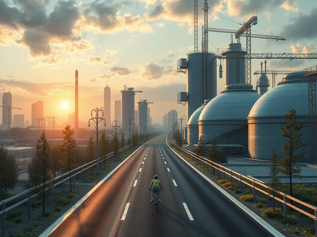 A cyclist riding on a road near industrial buildings, illustrating the role of bitumen in urban planning.