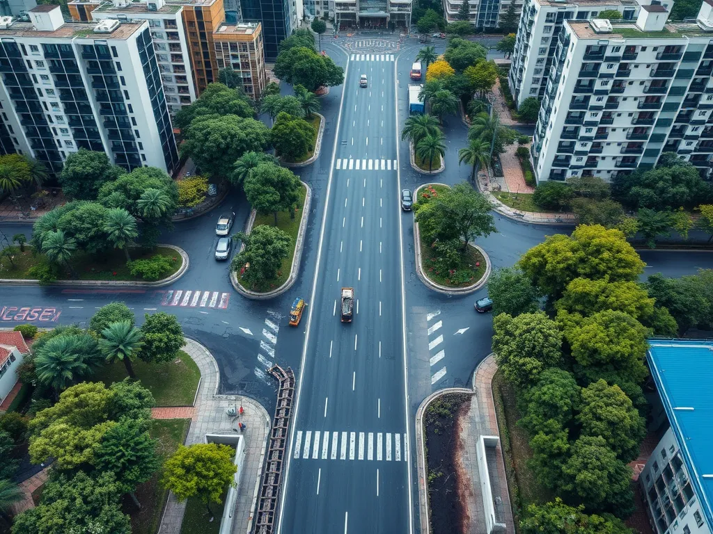 Aerial view of a well-maintained urban road featuring bitumen, surrounded by greenery and residential buildings.