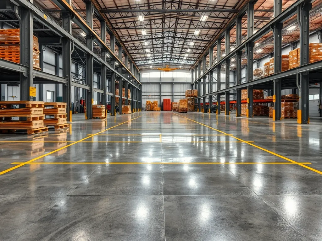 A spacious warehouse with reflective flooring, symbolizing efficient urban planning using bitumen.