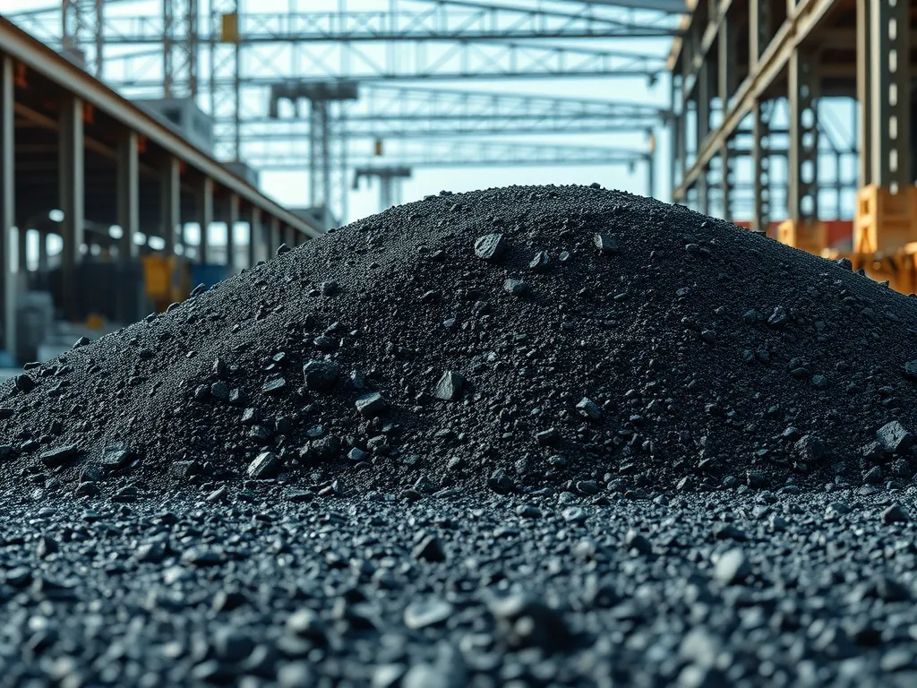 A pile of blended performance grade asphalt at a construction site