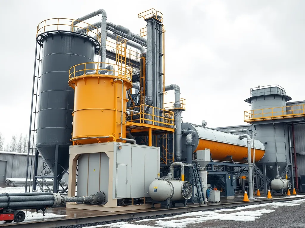 Blended Performance Grade Asphalt production facility with silos and processing equipment.
