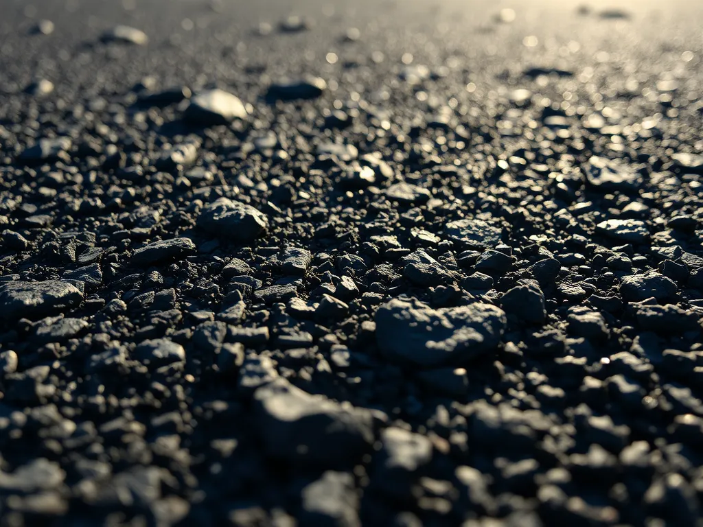 Close-up of blended performance grade asphalt surface showing texture and composition