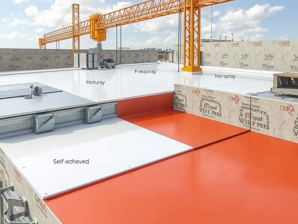 Bridge deck showing various asphalt waterproofing techniques including hot spray and self-achieved methods.