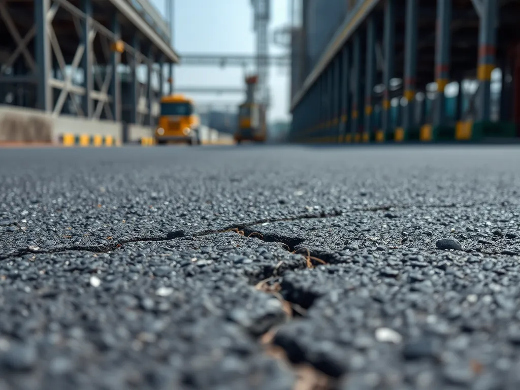 Close-up view of cracked asphalt on a bridge deck, highlighting waterproofing needs.