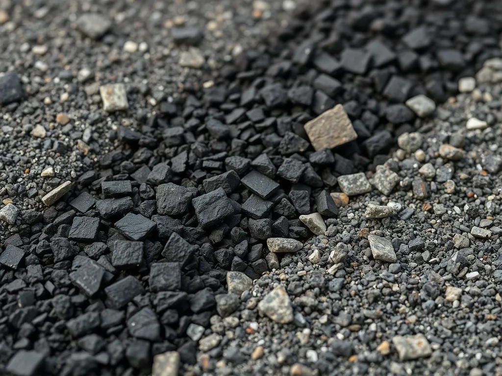 Close-up of asphalt aggregates and stones used in calculating asphalt amounts.