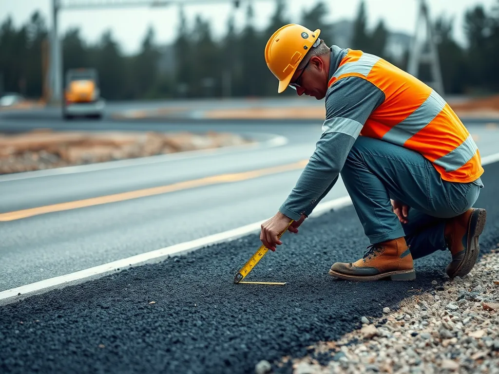 Construction worker measuring asphalt for accurate calculation of needed amount.