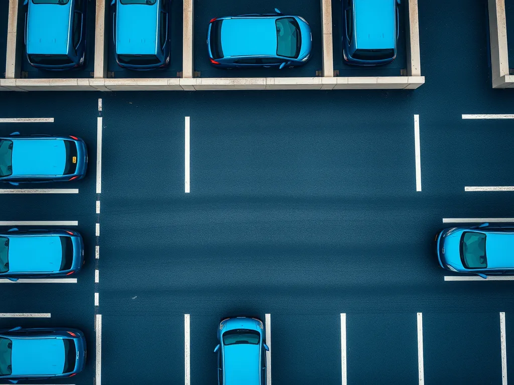 Aerial view of a car park deck with asphalt surface and parked cars, relevant for car park deck asphalt.