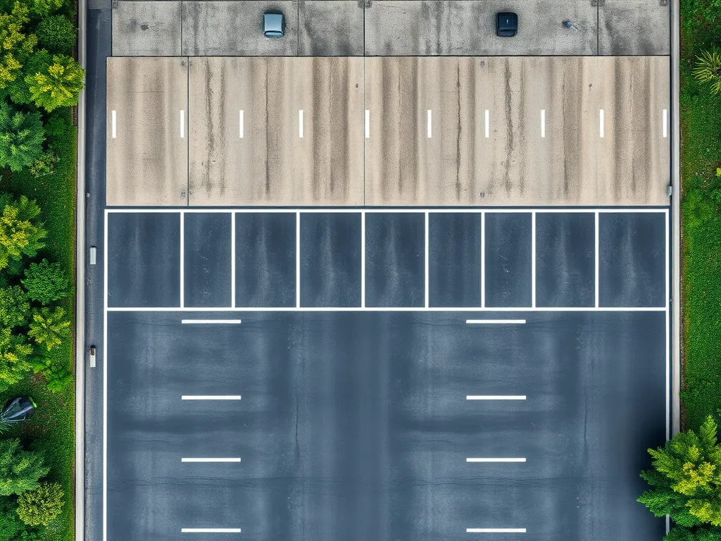 Aerial view of a car park deck showcasing asphalt and parking lines.