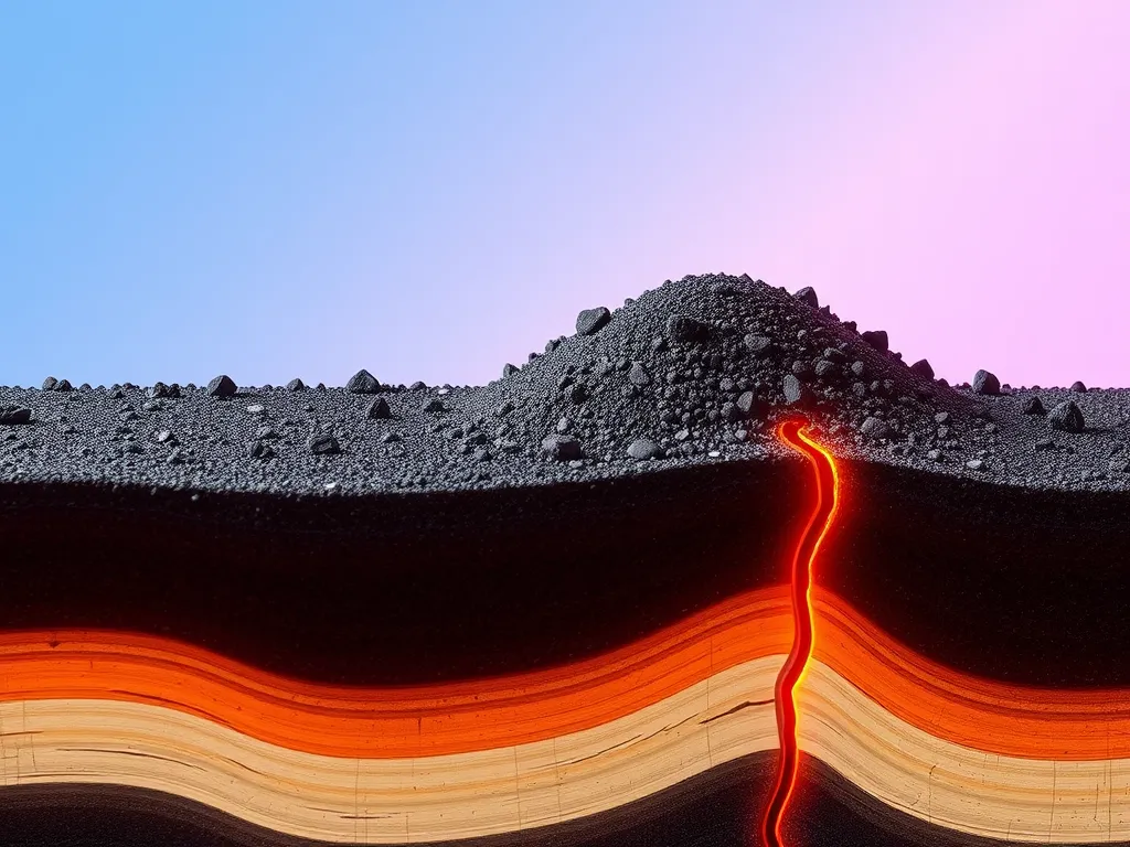 Illustration showing the effects of chemical additives in asphalt curing with layers of asphalt and heat representation.