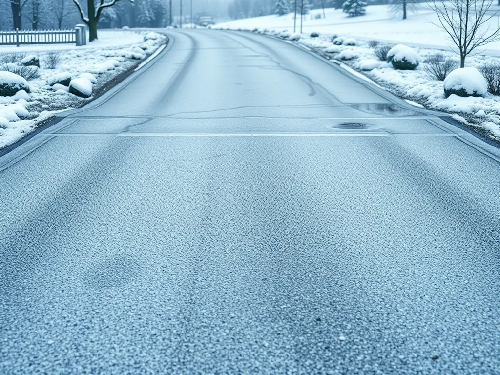 A snow-covered asphalt road showcasing different color variations for asphalt.