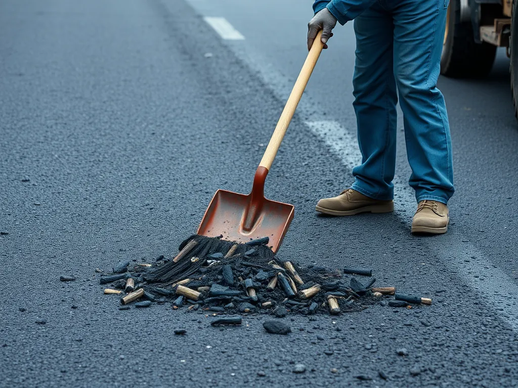 Worker using a shovel to clear debris from asphalt paving
